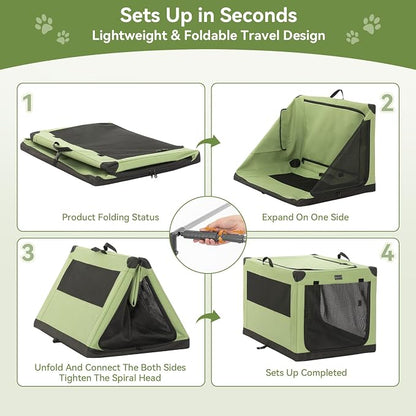 PETSFIT 30" Soft Portable Dog Crate – Patented Spiral Sturdy Frame, Collapsible Travel Kennel for Medium Dogs, 3 Mesh Door, Lockable Zippers, Indoor & Car Use Green