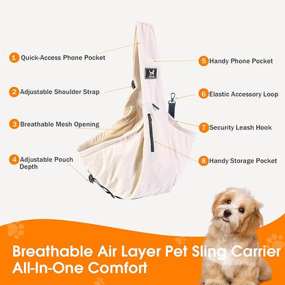 Dog Sling Carrier for Small Dogs & Cats 5-20 lbs, Adjustable Depth | Breathable Air Mesh Puppy Sling, Water-Resistant Travel Bag, Double Safety Leash, Machine Washable, Hands-Free Pouch, Apricot