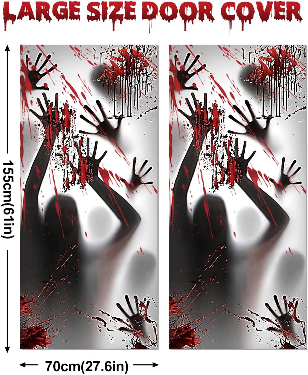 Wohohoho 11 Sheets/202 Pcs Bloody Halloween Decorations Set. 2 Giant Spooky Door Cover, 6 Sheets Horror Window Clings, 3 Sheets Scary Floor Stickers, Halloween Party Wall Decal Bedroom Inside Decor