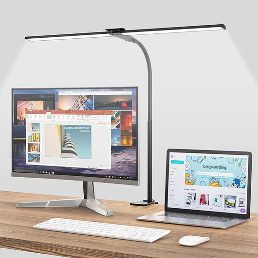 LED Desk Lamp for Home Office, Bright Double Head Desk Lamp with Clamp, Dimmable 5 Color Modes Desk Lighting, 12W Eye-Caring Architect Table Lamp for Workbench, Monitor, Reading, Study, 1400lm