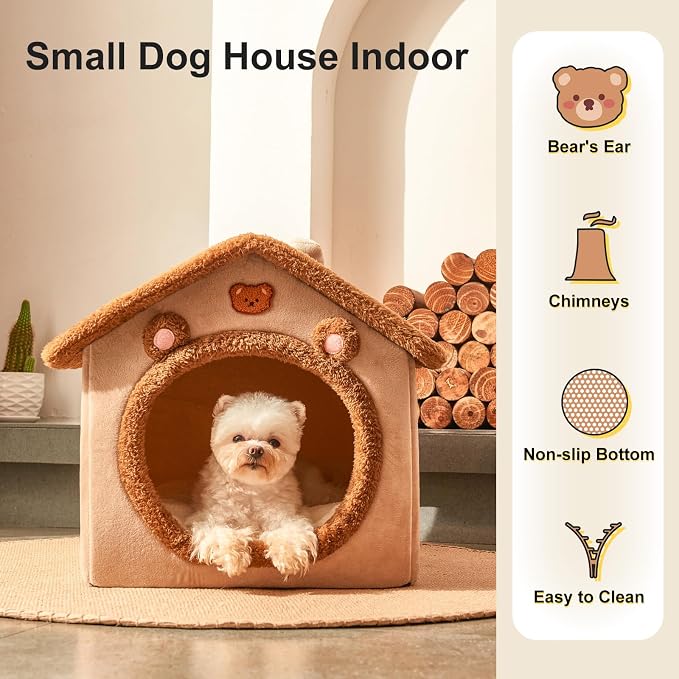 Cute Small Dog House Indoor,Foldable House Kennel Bed with Cushion,Brown | L Size Tent for 11-16 lb Dogs and 18-22 lb Cats, Dog Cave Bed with Non-Slip Bottom, Soft Cozy Dog Cave Bed