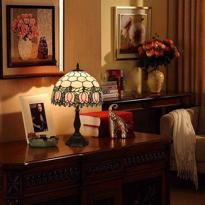 Tiffany Table Lamp,Pink Tulip Stained Glass Table Lamps for Bedroom Bedside 3 Color Temperatures Nightstand Lamp, for Living Room,Dining Room,W/LED Bulb, Mothers Gifts,12X12X19Inch