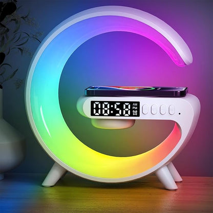 Smart LED Table Lamp, 4-in-1 Wireless Charger Smart Atmosphere Lamp, Night Light, Bluetooth Speaker & Alarm Clock for Bedroom, Office, and Home Decor (Black)