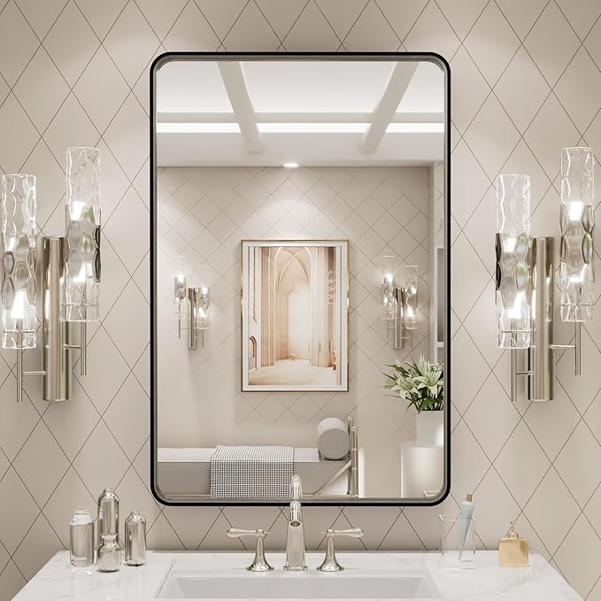 LOAAO 24X30 Inch Black Metal Framed Bathroom Mirror