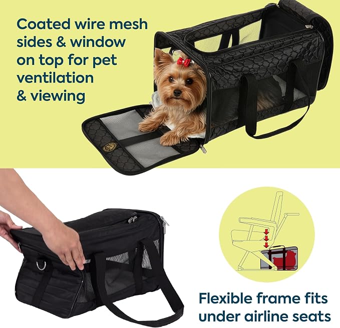Sherpa Pet Carrier Airline Approved with Spring Wire Frame - Cat & Dog Carrier for In-Cabin Travel, Mesh Ventilation, Locking Zippers - Black Lattice, Large