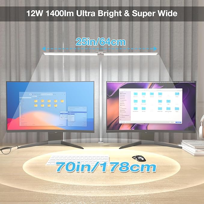 LED Desk Lamp, Double Head Desk Lamps for Home Office, Dimmable 25 Lighting Modes Bright Desk Lighting,12W 1400lm Eye-Caring Architect Table Lamp for Workbench Monitor Reading Study, White