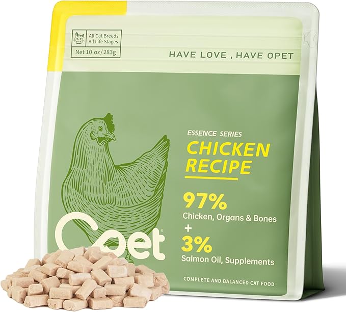 OPET Freeze Dried Cat Food, Chicken & Salmon Oil Recipe, Complete & Balanced Meal or Topper, Premium, Healthy, Grain Free, High Protein Raw Cat Freeze Dried Treats (10 oz, Chicken)