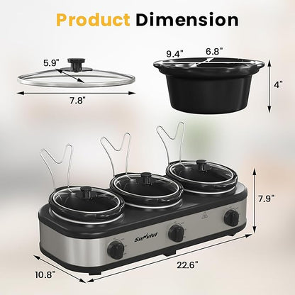 Sunvivi Triple Slow Cooker, Buffet Server and Food Warmer, Small Mini Pot