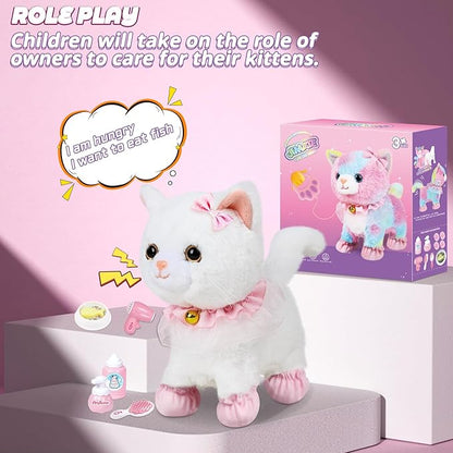 Interactive Electronic Plush Toy Walking and Barking Robot Cat Plush Cat Remote Control Kitten for Girls (White Cat)