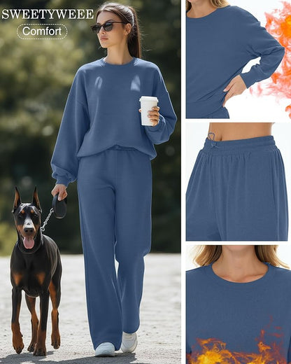 Sweetyweee Women's 2 Piece Outfits Set Fleece Lined Lounge Sweatsuit Crewneck Pullover Top Wide Leg Pants Casual Tracksuit