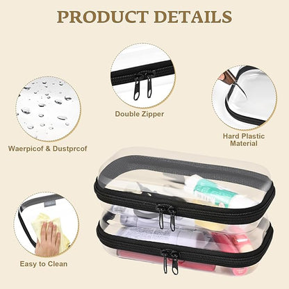 2PCS Zippered Hard Pouch Double,Portable Waterproof Cosmetic Bag with Zipper,DIY Storage Organizer Bins,Hard Plastic Case,Clear Zipper Bags for Organizing,Pencil Case