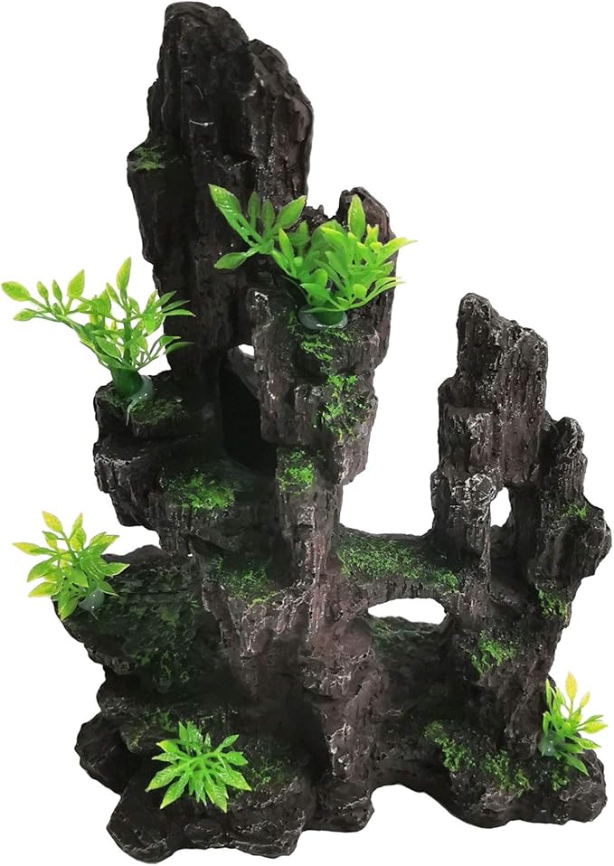 kathson Aquarium Mountain View Stone Resin Fish Tank Decoration Betta Hideout Caves Rockery Landscape Tree Rock Hiding Cave Decor for Small Fish Shrimp Play Ornament