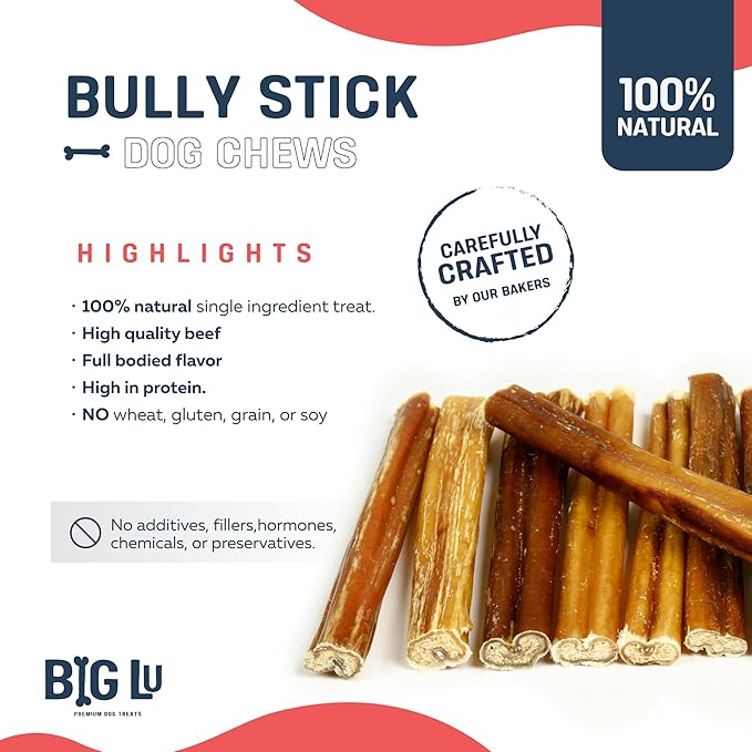 Big Lu - 4” Bully Sticks, 10 Count, 100% Grass-Fed Beef Chews, Fully Digestible, Long-Lasting Treats for Puppies and Small to Medium Dogs, Natural Single-Ingredient Chews for Keeping Dogs Busy
