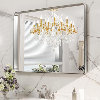 LOAAO 40X32 Inch Brushed Nickel Bathroom Mirror, Rounded Rectangle Silver Metal