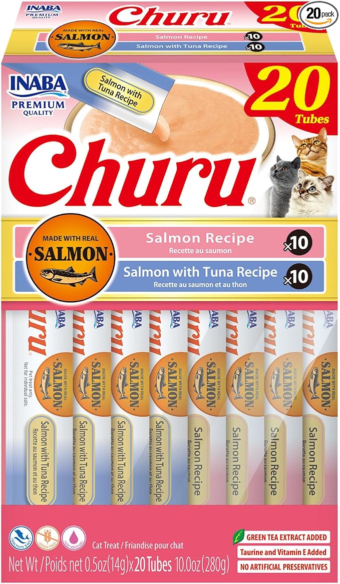 INABA Salmon Churu Cat Treats, Lickable, Squeezable Creamy Purée Cat Treat with Green Tea Extract & Taurine, 0.5 Ounces Each Tube, 20 Tubes, Salmon & Tuna Variety Box