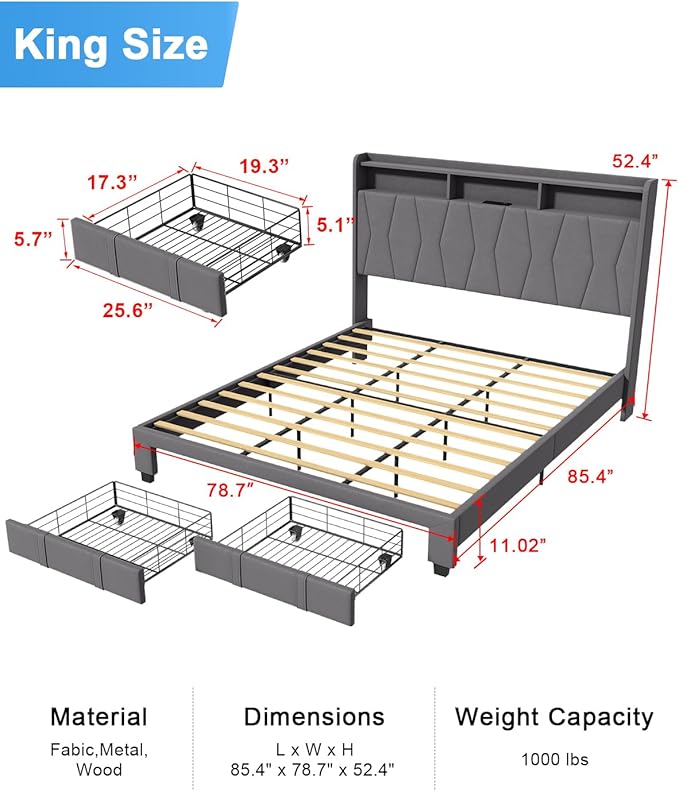 King Size Bed Frame, Velvet Upholstered LED Platform Bed with Headboard Storage, King Bed Frame Built-in Charging Station with 2 Drawers, Wood Slat Support, No Box Spring Needed, Grey