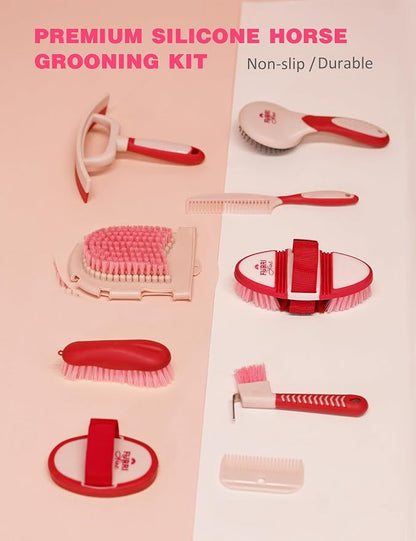 11-Piece Horse Grooming Kit with Waterproof Tote Pink Garnet | 10 coordinated horse grooming tools with comfort-grip designs and a spacious waterproof tote for complete horse grooming