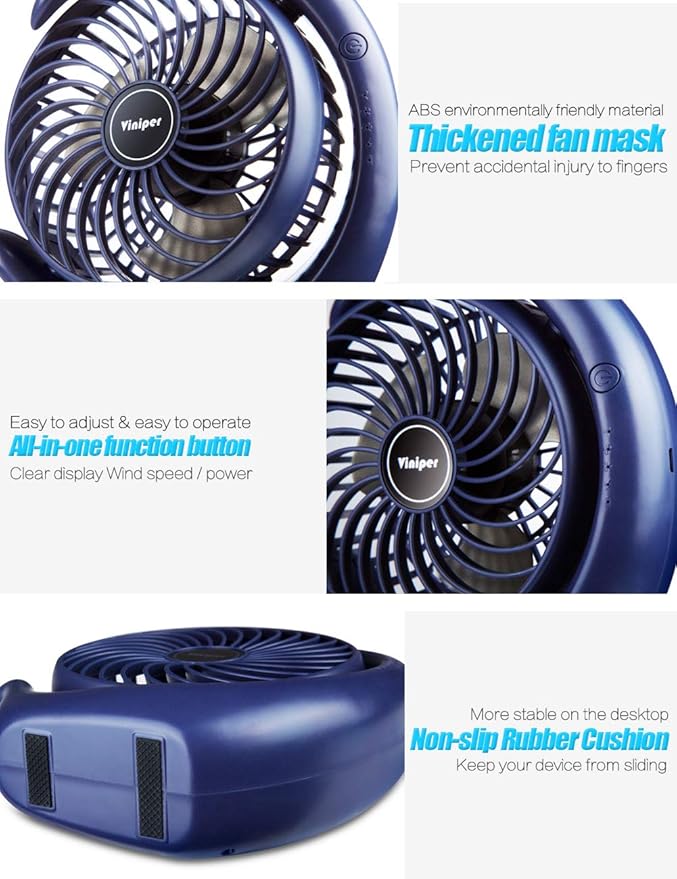 Viniper Portable Rechargeable Fan, Small Desk Fan : 3 Speeds & about 8-24 Hours