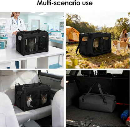 Extra Large 2-Cat Foldable Pet Travel Carrier,24"x17"x17",Black | Removable Divider, Metal Frame Support, Breathable Mesh Panels, With Storage Tote & Padded Straps