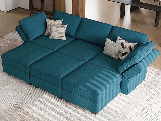 Belffin Terry Fabric Modular Sectional Sleeper Sofa Bed with Storage Convertible Sectional Couches for Living Room 6 Seaters Peacock Blue Modular Sofa