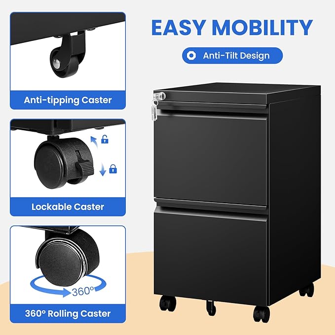 MIIIKO 2 Drawer File Cabinet on Wheels, Home Office Mobile File Drawers Under