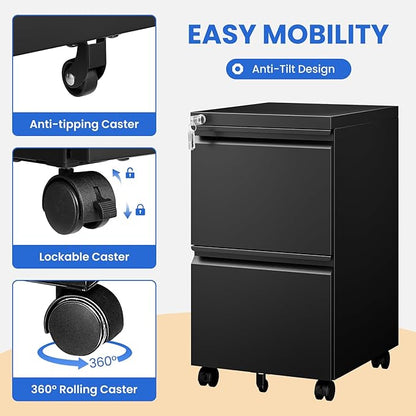 MIIIKO 2 Drawer File Cabinet on Wheels, Home Office Mobile File Drawers Under