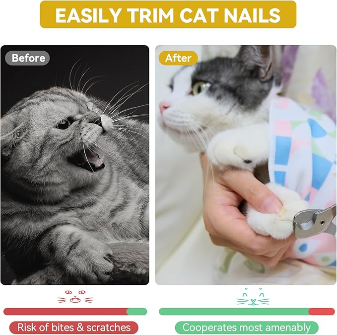 Cat Grooming Wrap for Cutting Nails, 27.6" Anti-Escape Calming Cat Swaddle Wrap for Medicine, Nail Clipping, Teeth Brushing, Ear Cleaning, Self-Adherent Burrito Restraint, (Tiger Print, L)