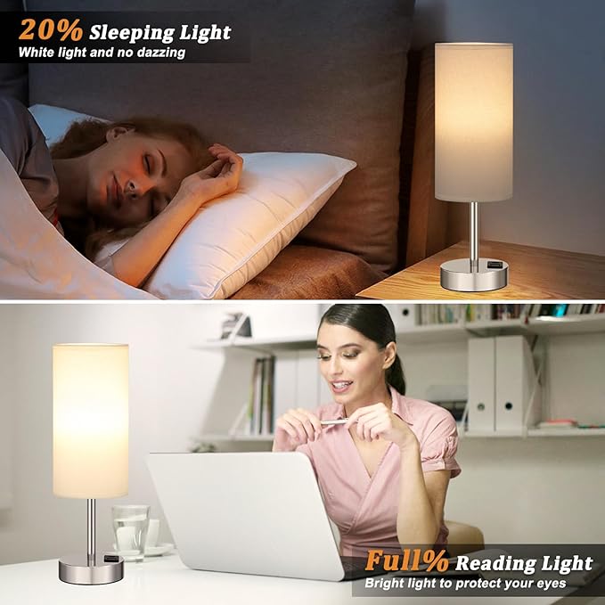 Bedside Table Lamps for Bedroom Set of 2 - Touch Lamp for Nightstand with USB-A+C Charging Ports - 3 Way Dimmable Small Desk Lamp White for Office, Dorm Room, Living Room, Reading, Nursery