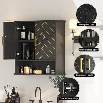 Black Chevron Pattern Bathroom Wall Cabinet, Modern Hanging Medicine Cabinet