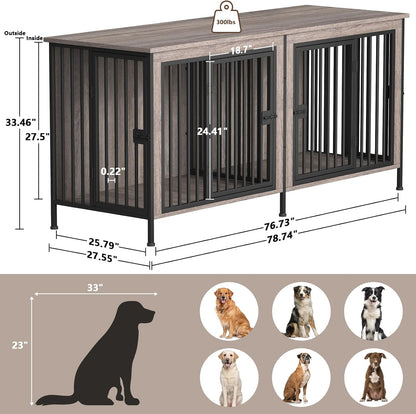 EasyCom 78 Inch Dog Cage Furniture for 2 Pets with Divider, XXL Wooden Double Dog Crate Furniture TV Stand for Mideum and Large Breed, Durable and Sturdy