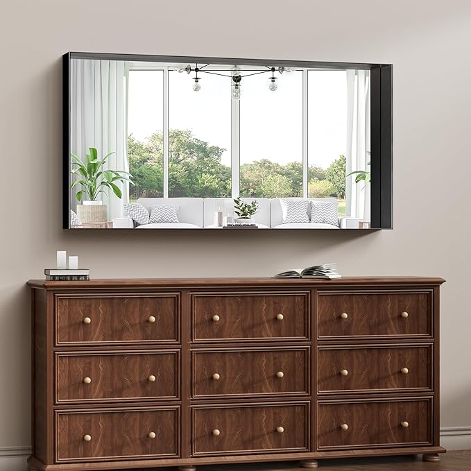 Koonmi 30x60 Inch Black Metal Framed Bathroom Mirror