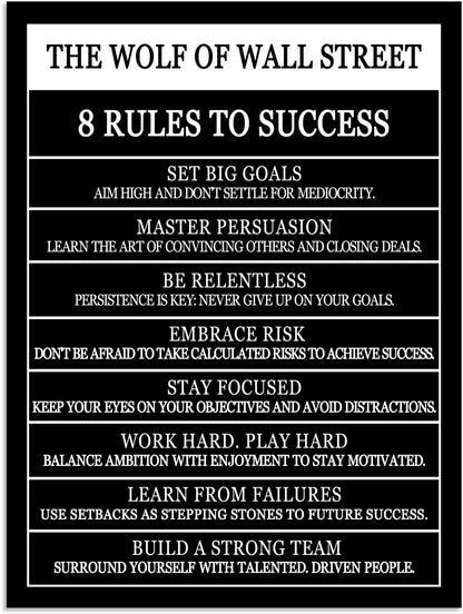 Motivational Posters The Wolf Of Wall Street 8 Rules To Success Printed Canvas Painting Inspirational Wall Decor for Office Hallway Gym Bedroom Living Room Framed Ready to Hang[30" W X 40" H]