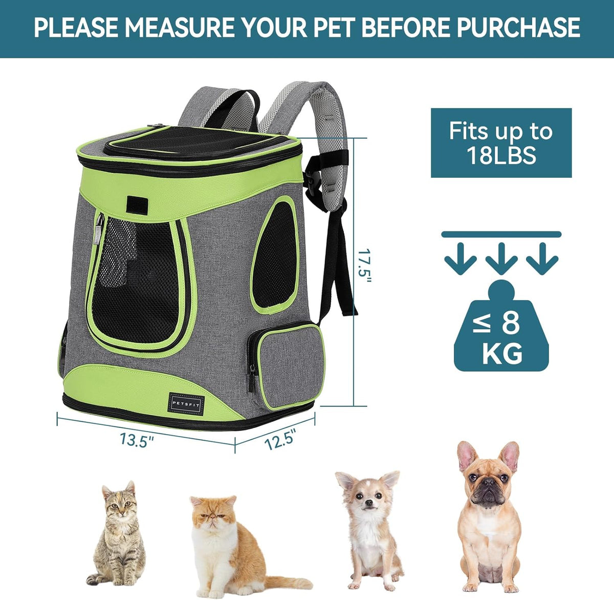 Petsfit Pet Backpack Carrier Easy-Fit Dog Travel Backpack Carrier for Hiking Walking Cycling Suitable for Small Medium Dogs Cats and Rabbits up to 22 Pounds, Green
