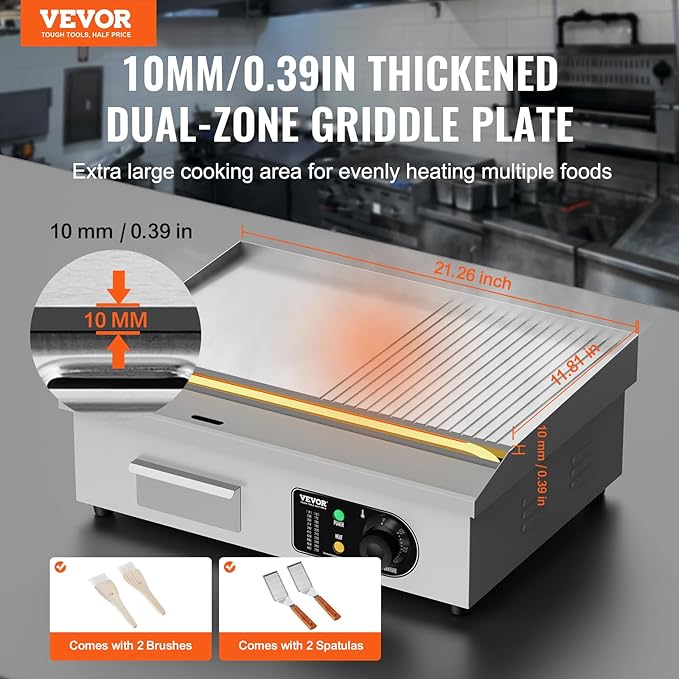 VEVOR Commercial Electric Griddle, 1600W Countertop Half-Flat Top Grill