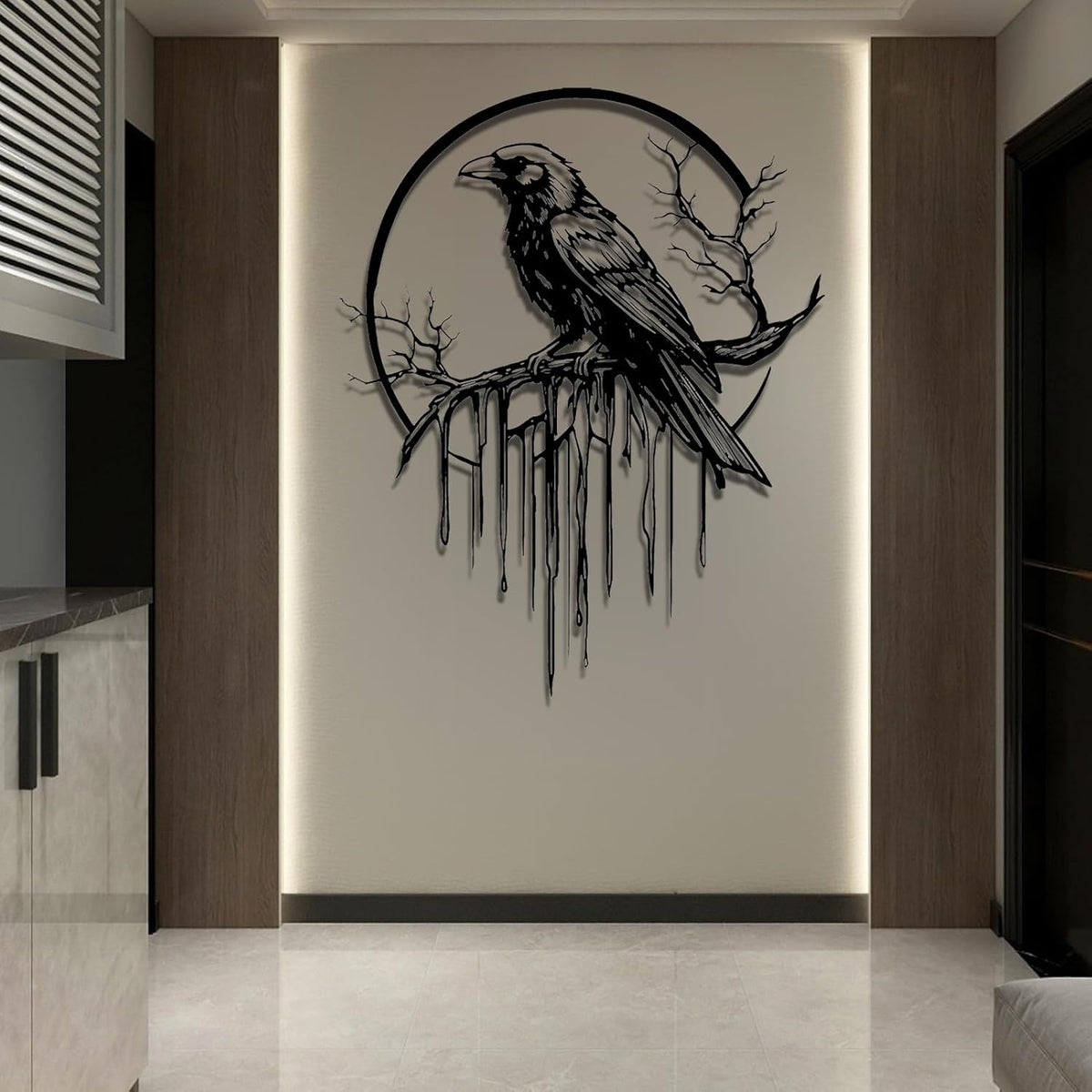Crow Metal Wall Decor, Raven Wall Art, Large Gothic Raven Decor Hangings, Bird Wall Decor, Metal Tree Branch Decor, Ravens Sign, Raven Art for Living Room (Silver, 39"x31" | 100x80cm, metal wall art)