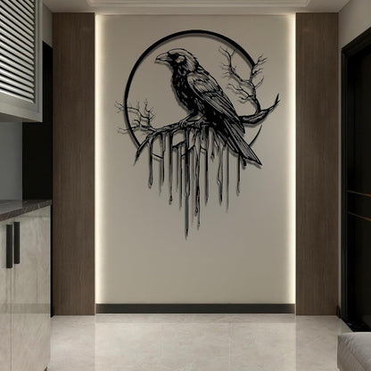 Crow Metal Wall Decor, Raven Wall Art, Large Gothic Raven Decor Hangings, Bird Wall Decor, Metal Tree Branch Decor, Ravens Sign, Raven Art for Living Room (Silver, 24"x19" | 60x48cm, metal wall art)