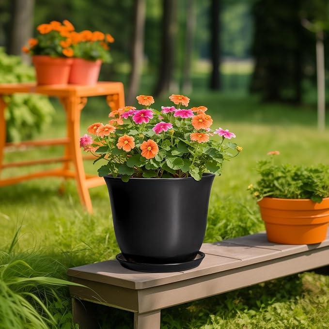 Ceramic Pots for Plants - 10 Inch Plant Pot with Drainage Hole and Tray, Large Round Planter for Indoor Outdoor, Morden Decorative Flower Pots, Living Room Decor, Gardening Gifts, Black
