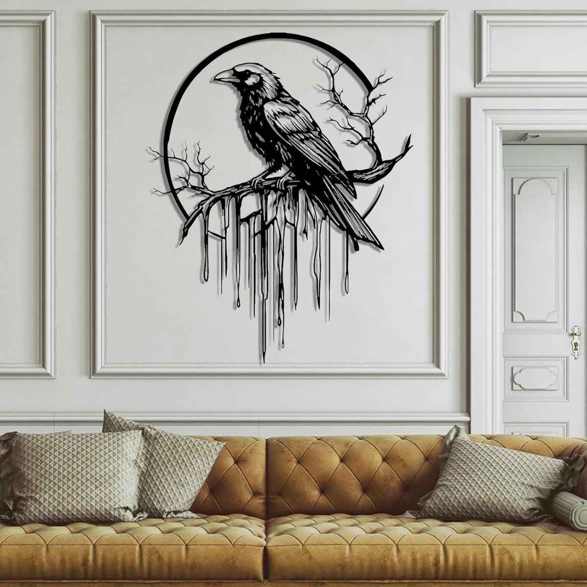 Crow Metal Wall Decor, Raven Wall Art, Large Gothic Raven Decor Hangings, Bird Wall Decor, Metal Tree Branch Decor, Ravens Sign, Raven Art for Living Room (Gold, 39"x31" | 100x80cm, metal wall art)