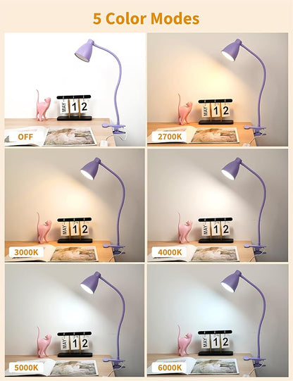 BOHON Desk Lamp with Clamp, 10W 38 LED Clip on Light, 5 Color 10 Brightness Auto Off Timer, Flexible Gooseneck Clip Lamp, Desk Lights for Office Home Bed Bedside Reading, Lilac Purple
