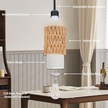 Pendant Lights for Kitchen Island, 3-in-1 Upgrade Larger Rattan Hanging Light Shade with Linen Shade, Adjustable Height Boho Hanging Lamp Fixture for Dining Room, Farmhouse, Bedroom (2 Pack)