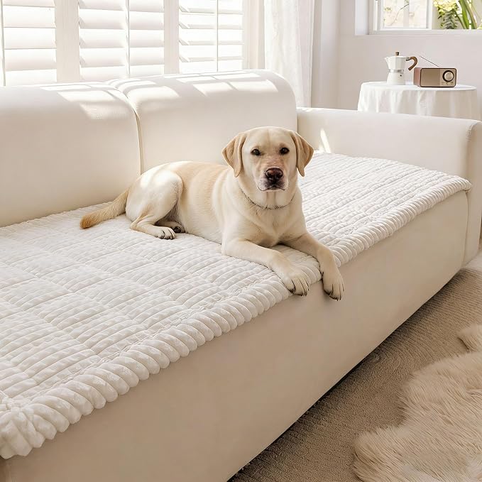 Couch Cover for Dogs Washable, Non Slip Couch Covers for 3-4 Cushion Sofa Pet Friendly, Fuzzy Pet Couch Cushion Covers for Dog,Thick,Soft for Sofa Protector (White, 27.6" x 82.7"/70 x 210cm)