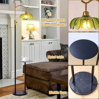 Vintage Dimmable Arc Floor Lamp with Side Table and Marble Base, Farmhouse Standing lamp with Green Glass Lampshades for Living Room Bedroom