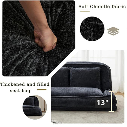 Foldable Lazy Sofa Bed, Double Human Dog Bed for Adults, Black | Skin-friendly Breathable Soft Chenille Upholstered, 5 Adjustable Backrest Positions, 3 Soft Cushions for Living Room