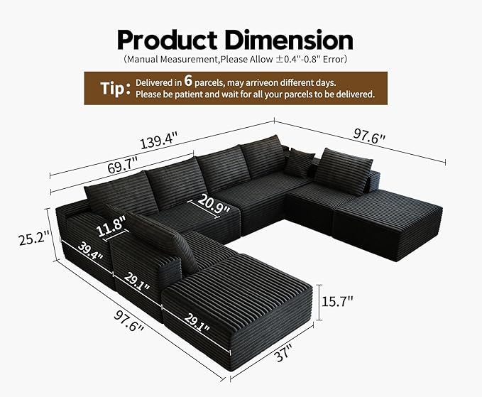 139.4" Modular Sectional Sofa Couch, Oversized U-Shaped Minimalist Couches with 2 Ottomans Chaise and 2 Middle Seats, Modern Deep Seat Cloud Plush Corduroy Sofas Set for Living Room, 8 Seater, Black