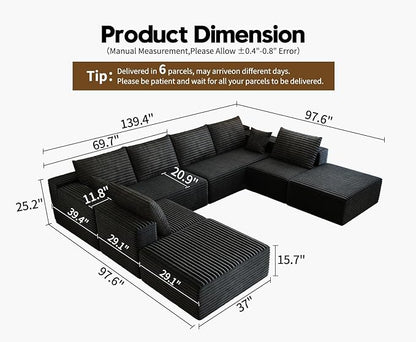 139.4" Modular Sectional Sofa Couch, Oversized U-Shaped Minimalist Couches with 2 Ottomans Chaise and 2 Middle Seats, Modern Deep Seat Cloud Plush Corduroy Sofas Set for Living Room, 8 Seater, Black