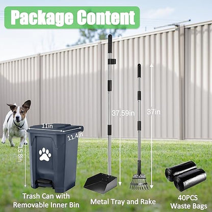 Pooper Scooper for Large Dogs, Dog Poop Trash Can Outside with Long Handle Poop Scooper Set and 40 Waste Bags, Dog Waste Trash Can Odor Control with Removable Inner Bin for Yard Garden, Grey 20 L