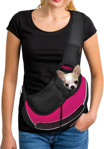 YUDODO Pet Sling Carrier for 5-9 lbs Small Dogs Cat Puppy Crossbody Carrier | Bottom support, Safety Hook, Large Zipper Pocket, Soft Breathable Mesh, Adjustable Strap, Reflective Strip, Pink, M