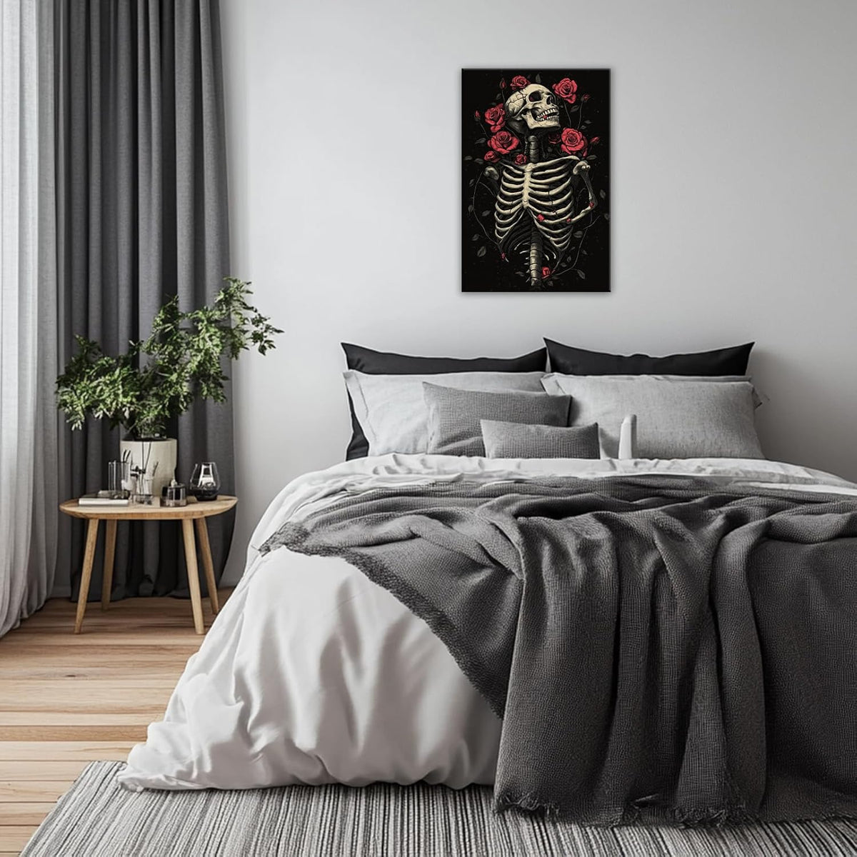 OAAPITI Gothic Skull Wall Art Skeleton and Roses Canvas Pictures Print Vibrant Dark Art Decor for Bedroom Living Room Bathroom(Artwork-6,12"x18")