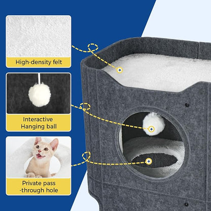Cat House for Indoor Cats Large Cat Bed Cave 2-Storey Cats Condo with Cozy Felt Covered Hideaway for Multiple Pets Dark Grey