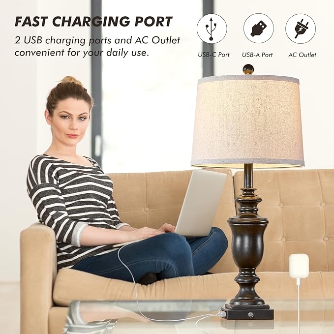 27.5" Set of 2 Farmhouse Table Lamps for Bedroom, 3 Way Dimmable Bedside Lamp with 2 USB +AC Outlet Nightstand Lamps for Living Room Resin Rustic Touch Lamps (Antique Black)